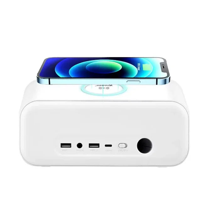 XPower QIC4 15W Wireless Charging + Bluetooth Speaker Alarm Clock - White - Tashqila XPower QIC4 15W Wireless Charging + Bluetooth Speaker Alarm Clock - White - Tashqila